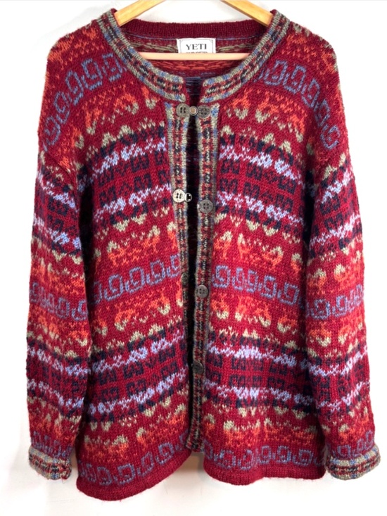 Yeti Sweaters - YETI Nepal Wool Cardigan XL Hand Knit Red Fair Isle Chunky Christmas Granny Ski